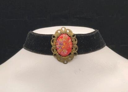 Black Velvet Choker with Red Floral Cameo Pendant, Adjustable Length, Hook Clasp