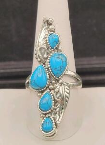 Long Turquoise 5-Stone Ring, Size 10