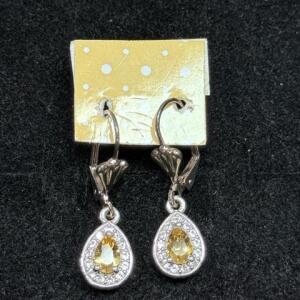 Teardrop Yellow Gemstone Leverback Earrings with Pav&eacute; Accents