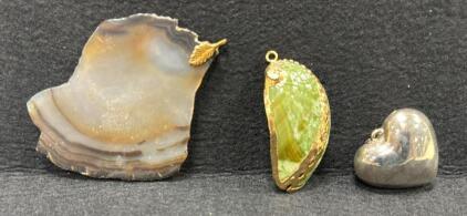 Agate Slice Pendant, Green Stone Gold Tone Pendant, Silver Tone Heart Pendant, Lot of 3