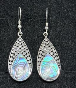 Sterling Silver Teardrop Dangle Earrings, Abalone Inlay, 925, Filigree, 1.5in Length