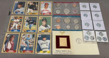 Rare 1987 US Mint Coin Set, 1943 Steel Pennies, 1987 Topps Baseball Cards, PTA Gold Cover
