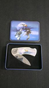 Bald Eagle Collector Folding Pocket Knife with Artwork, Stainless Blade, Original Tin Case