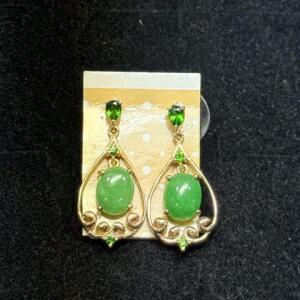Gold-Tone Drop Earrings with Green Cabochon Stones and Ornate Scroll Design