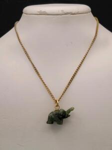 Gold-tone Necklace with Carved Green Jade-Style Elephant Pendant