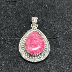 Art Deco Style Silver Pendant with Pink Glass Teardrop Cabochon and Ornate Bail