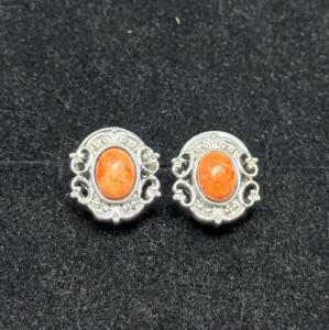 Sterling Silver Stud Earrings, Orange Coral/Carnelian Center, Ornate Filigree Vintage Style