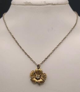 Vintage-Inspired Gold-Tone Flower Pendant Necklace with Clear Rhinestone Center