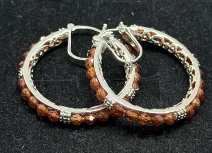 Sterling Silver Hoop Earrings with Faceted Garnet Beads, ~1.4" Diameter, Hinged Lever Back