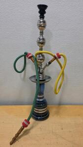 Classic Two-Hose Blue Glass Tobacco Hookah with Stainless Stem and Wooden Handles, 31" Height