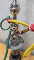 Classic Two-Hose Blue Glass Tobacco Hookah with Stainless Stem and Wooden Handles, 31" Height - 2