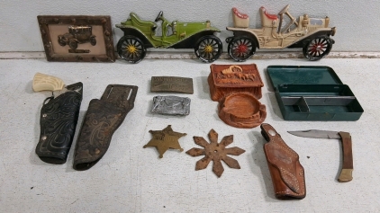 Vintage Western Toy Cap Gun Revolver Set with Two Tooled Holsters, Ornate Grips, 1950s-60s
