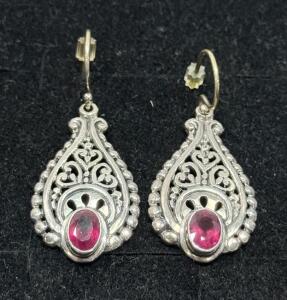 Sterling Silver Filigree Teardrop Dangle Earrings with Pink Gemstones Leverback Vintage Style