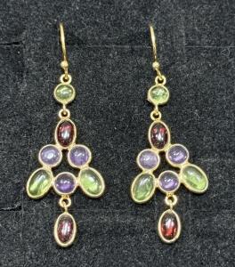 Dangle Earrings with Multi-Colored Cabochon Gemstones in Gold Setting