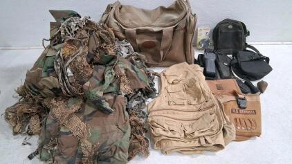 Comprehensive Hunting and Tactical Gear Lot: Ghillie Suit, Tactical Vest, Bags, Accessories