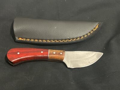 Drop Point Fixed Blade Hunting Knife with Hardwood Handle and Leather Sheath, 7.25"