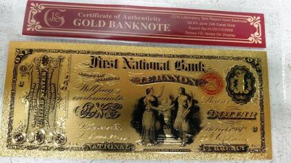 Gold-Plated Replica $1 First National Bank of Lebanon Note, 99.9% 24K Gold, COA KI/2011/C0359