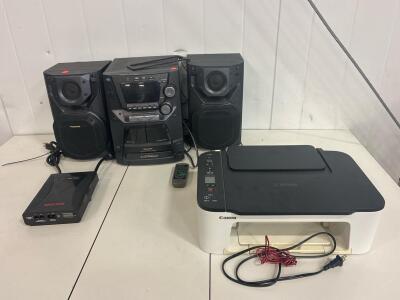 Ricoh Next Gen PCS (Power Conditioning System) model XG-PCS-15D,Canon PIXMA TS3522 wireless all-in-one printer,Panasonic SA-AK12 component stereo system, featuring a 5-disc CD changer and dual cassette deck.