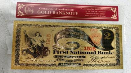 24K Gold-Plated $2 Banknote Replica, 1915 First National Bank, Emporia KS, COA Included