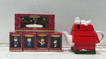 Peanuts Charlie Brown Christmas Hallmark Ornament Set & Snoopy Doghouse Ceramic Teapot Bundle