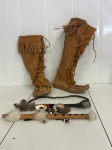 Moccasins( unable to tell size, see pictures for more details, Native American Peace Pipe, Flute