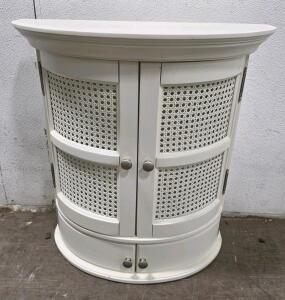 Semi-Circular White Wall Cabinet with Rattan Doors, 2 Shelves & 2 Drawers, 2' tall