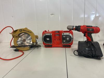 Black & Decker Vintage Circular Saw ( tested), Master Mechanic Smart Charger, Black and Decker Firestorm drills black and decker AM/FM RADIO And Battery Charger.(unable to test due to lack of battery)