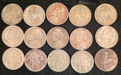 Lot of 15 US Nickels &mdash; Includes Buffalo (Indian Head) and Jefferson Designs, Mixed Years