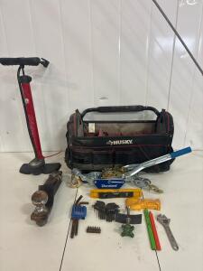 Duralast 2 Ton Cable Puller, assorted Allen wrench sizes and bits, Husky Tool bag, Schwinn hand Air Pump, stud finder, level, ball hitch with
