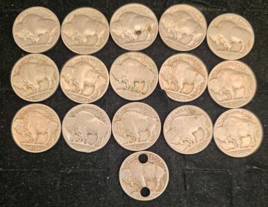 Lot of 15 U.S. Buffalo Nickels &ndash; Mixed Dates (1930s), Heavily Circulated, One Holed Coin