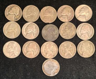 15 WWII-Era Jefferson Silver War Nickels 1943-1945, Mixed Mint Marks, 35% Silver