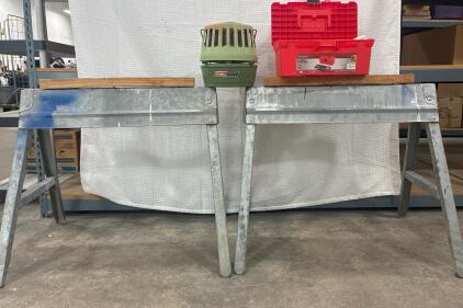 Metal saw horses, COLEMAN Catalytic Heater