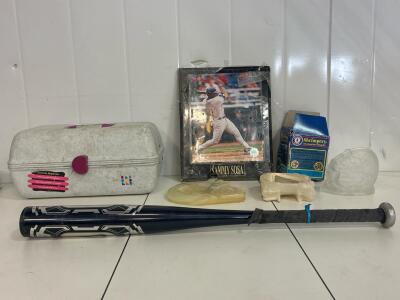 Sammy Sosa MLB Plaque, SAN FRANCISCO BAY BRAND educational brine shrimp Kit, NIKE Aluminum Baseball Bat, 2 stone carved display statues, glass Santa tea light display, sewing kit with threads, needles and misc sewing kit.