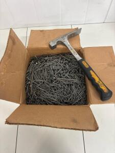 Approximately 50lbs worth of miscellaneous nails, bolts and screws with TOOL SHOP 20oz Hatchet-Style Framing Hammer