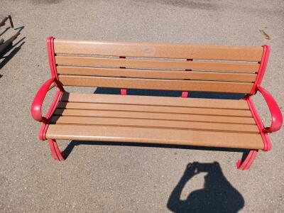 5 ft Outdoor Park Bench &ndash; Red Metal Frame, Brown Recycled Plastic Slats, Armrests, Weather Resistant