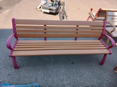Recycled Plastic Outdoor Park Bench, Magenta Steel Frame, 6 ft, Surface Mount, 3 Seats