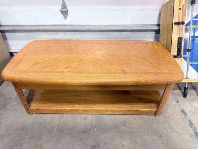 Solid Wood Oak Veneer Coffee Table, Parquet Top, Rectangular, Lower Shelf, Classic Style, 48"x24"x18"