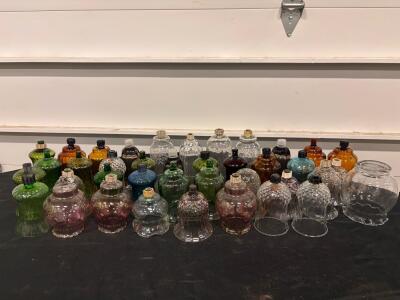 Collection of 30 Vintage Glass Oil Lamp Bases & Chimneys &ndash; Assorted Colors & Patterns