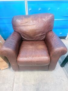 Large Brown Leather Club Armchair &ndash; Overstuffed, Padded Arms, Classic Style, 42"x38"x36"