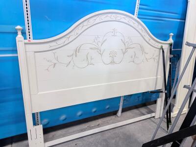 Ornate Queen Size White Wood Headboard with Floral Accents and Metal Rail Supports