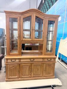 Large Oak China Cabinet Hutch, 60"x18"x78", Glass Doors, Drawers, Carved Accents, Traditional Style
