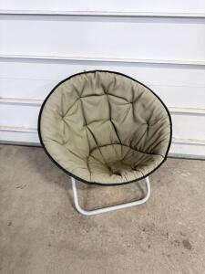 Khaki Saucer Chair, Steel Frame, 32" Wide, Minor Cushion Wear, Papasan-Style Accent Seating