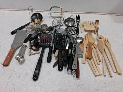 38-Piece Mixed Kitchen Utensil Lot &ndash; Wood, Stainless, Plastic, Farberware, Decorative Handles