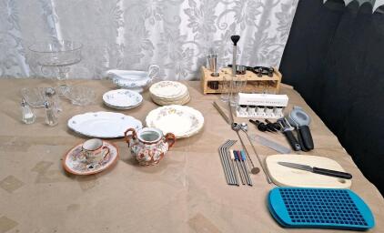 Lot Of Assorted Pieces Of China, Cut Glass & Mixed Drink Utensils