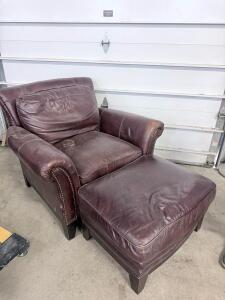 Leather Armchair with Ottoman, Nailhead Trim, Burgundy, Removable Cushion, Wood Legs