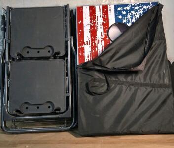 GoPong American Flag Folding Cornhole Board Set w/ Camping Folding cooking station