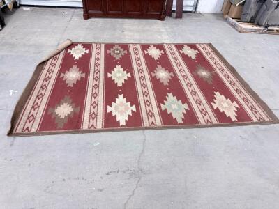 Southwestern Style Geometric Area Rug, Burgundy & Beige, 8x10 ft Rectangle, No Fringe