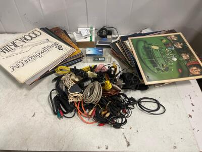 Large Lot of Classic Rock Vinyl LPs (Journey, Elton John, Alice Cooper) + Mixed Cables & Adapters