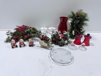 Mixed Christmas Decor Lot: Red Glass Lamps, Snowman Figurines, Faux Greenery, Vase & More