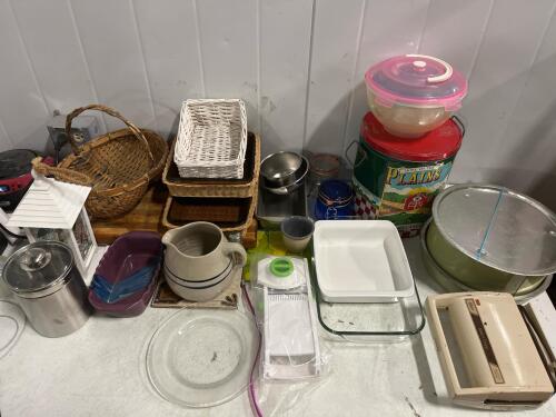 Bulk Mixed Kitchenware & Bakeware Lot: Glass, Ceramic, Metal Pieces, Baskets, Electric Slicer, 22 Items
